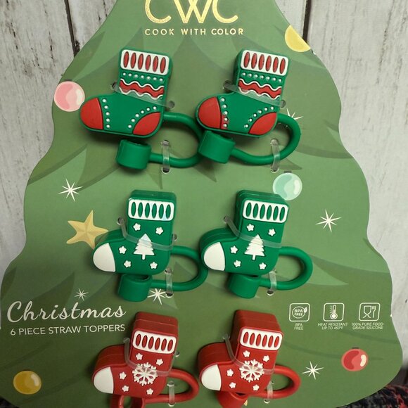 CWC Holiday Christmas Green & Red 6 Piece Silicone Stocking Straw Topper Set NWT - Picture 2 of 4